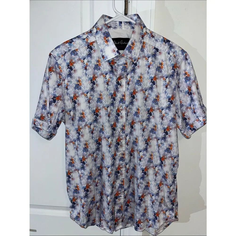 Robert Graham SS Floral Blue Orange Summer Casual Shirt L Mens Tailored Slim Fit